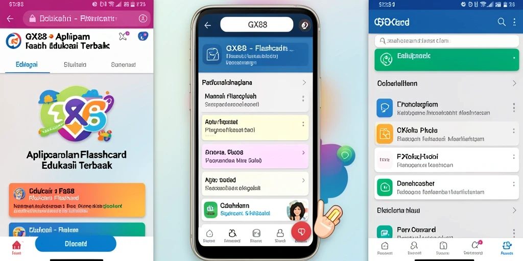 Antarmuka aplikasi GX88 menampilkan flashcard yang menarik dan interaktif.